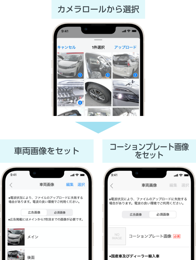 カメラロールから選択、車両画像をセット、コーションプレート画像をセット