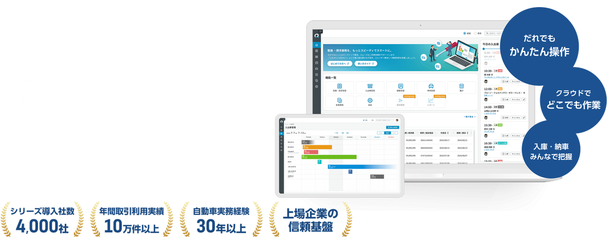 クラウド車検整備請求システム 伝票も納期も1画面で見える シリーズ導入者数4000社 年間取引利用者数10万件以上 自動車実務経験30年以上 上場企業の信頼基盤