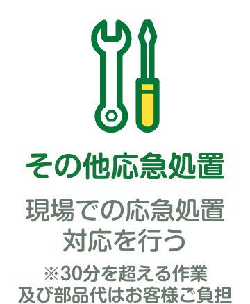 「その他応急処置」現場での応急処置対応を行う（30分を超える作業及び部品代はお客様ご負担）
