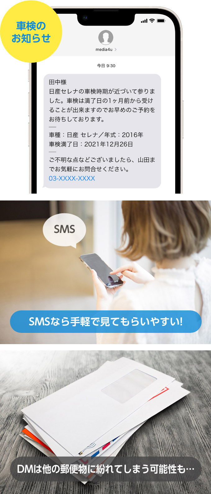 車検のお知らせをSMSで通知します。SMSなら手軽で見てもらいやすい！DMは他の郵便物に紛れてしまう可能性も…