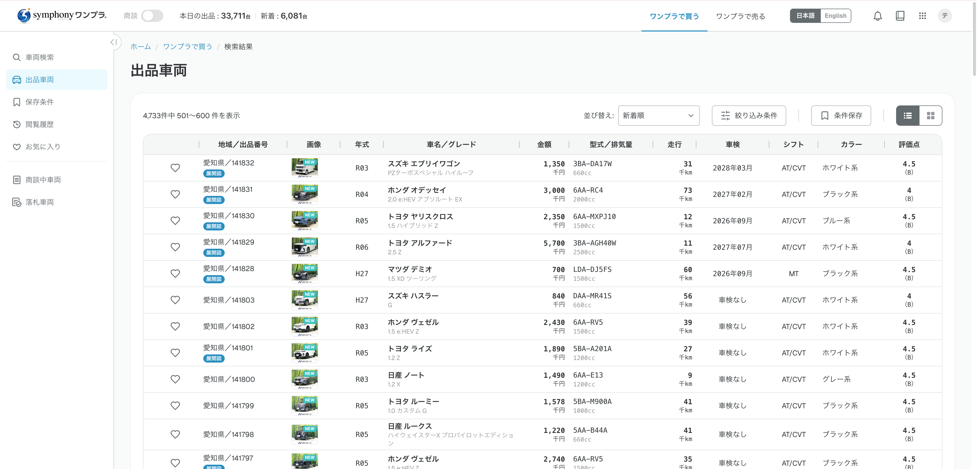 symphonyワンプラ 買い手画面 一覧表示